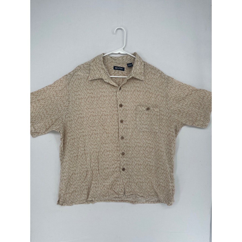 Puritan Mens XL Rayon Short Sleeve Button Up Shirt Tan Geometric Pattern Casual